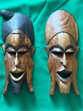 Pair of Hand-Carved West African Style Tribal Masks - 17" Decorative Wall Art